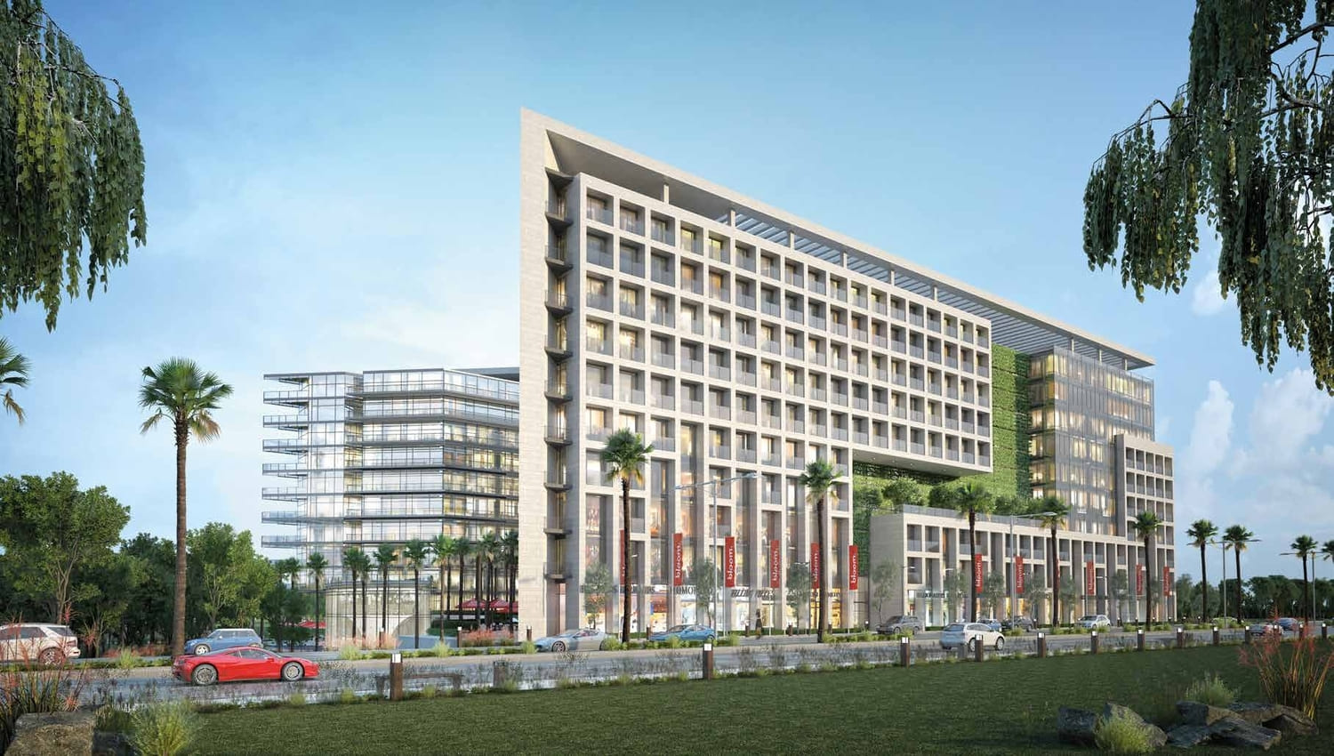 Connecting bridge with infinity pool between Park View towers offering panoramic views of Saadiyat Island.