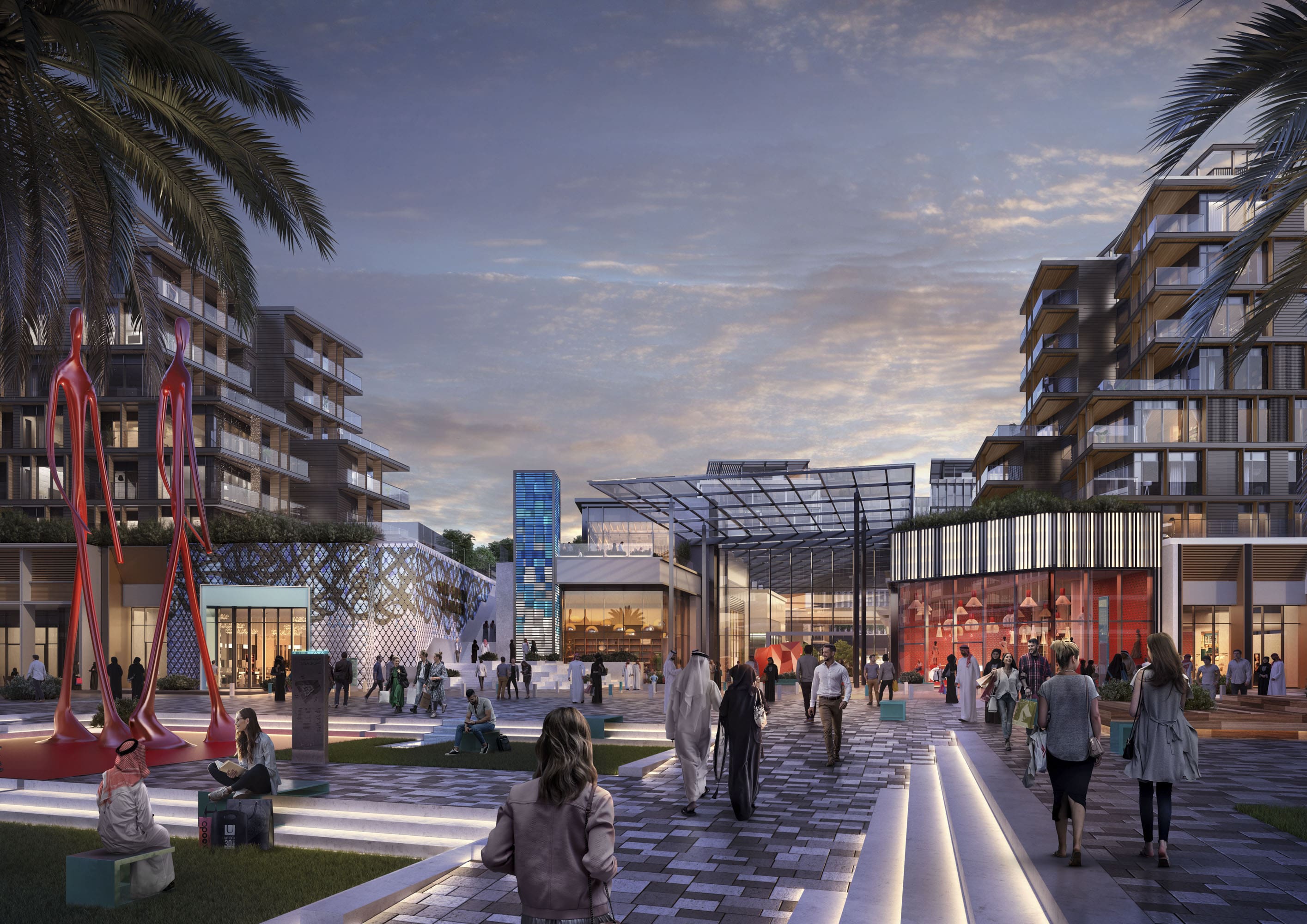 Vibrant street level view of Grove Gallery Views showcasing upscale architectural design integrated with Saadiyat Grove retail boulevards.