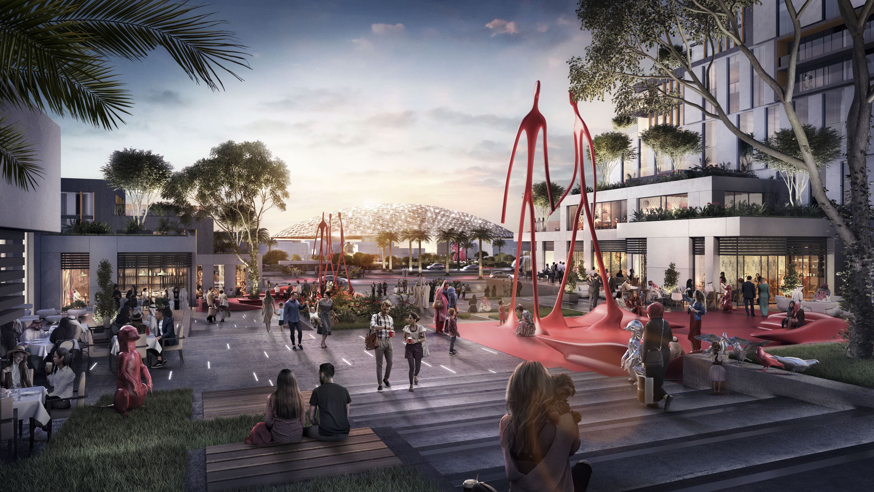 Premium podium level exterior of Grove Gallery Views Abu Dhabi highlighting art-inspired structural framing and pedestrian lifestyle spaces