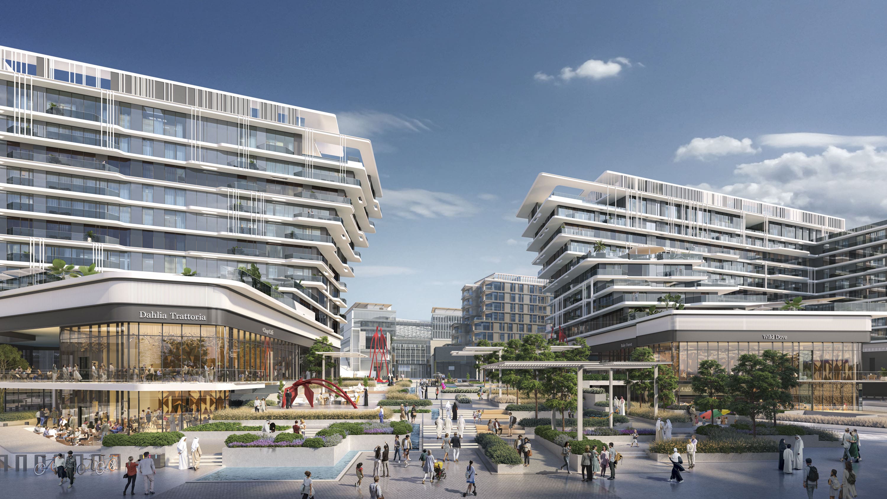 Aerial corner view of Grove Gallery Views by Aldar illustrating low-rise luxury property design within Saadiyat Cultural District