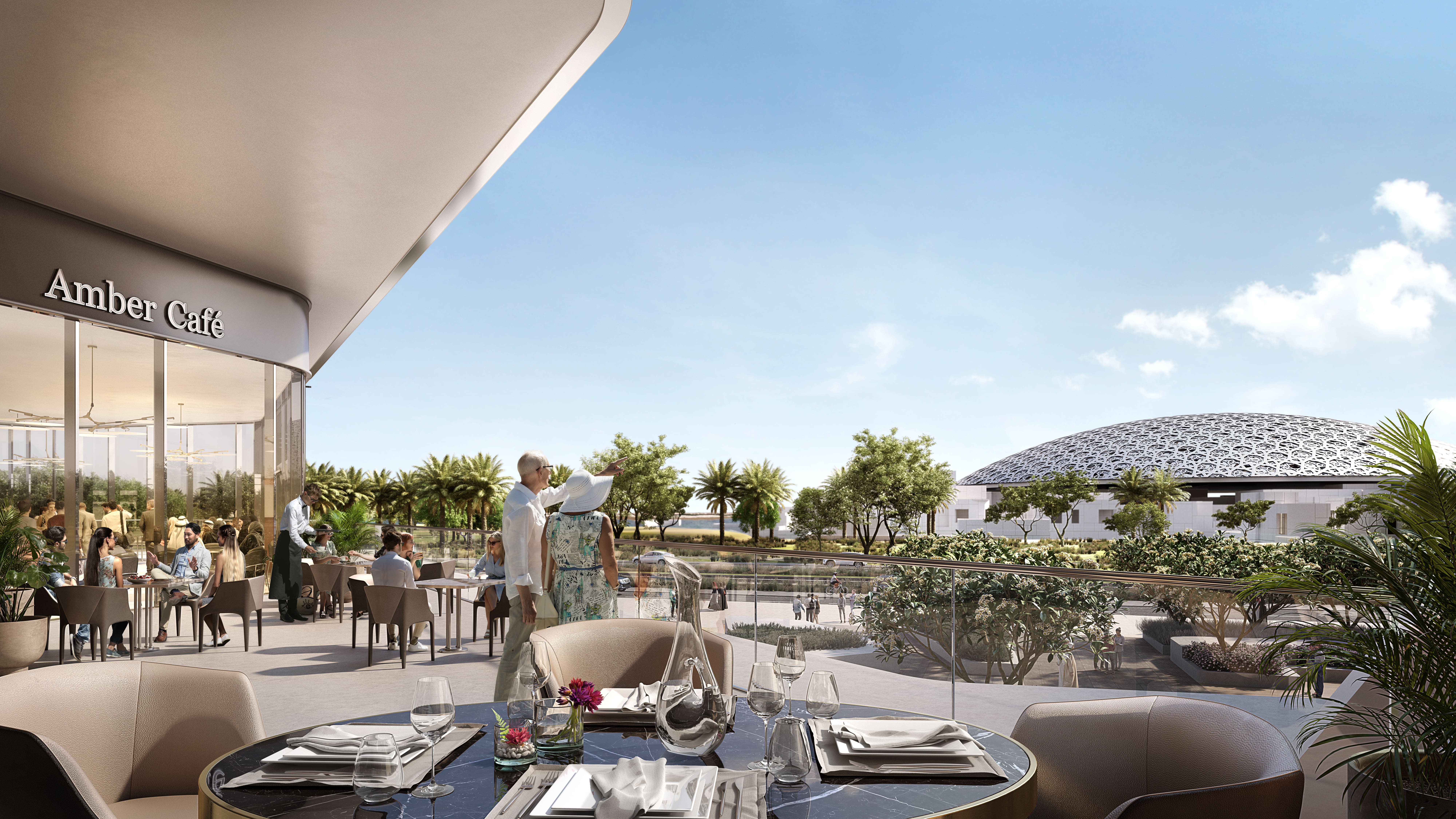 Dynamic architectural exterior of Grove Gallery Views showcasing seamless pedestrian connection to the main Saadiyat Grove shopping promenade