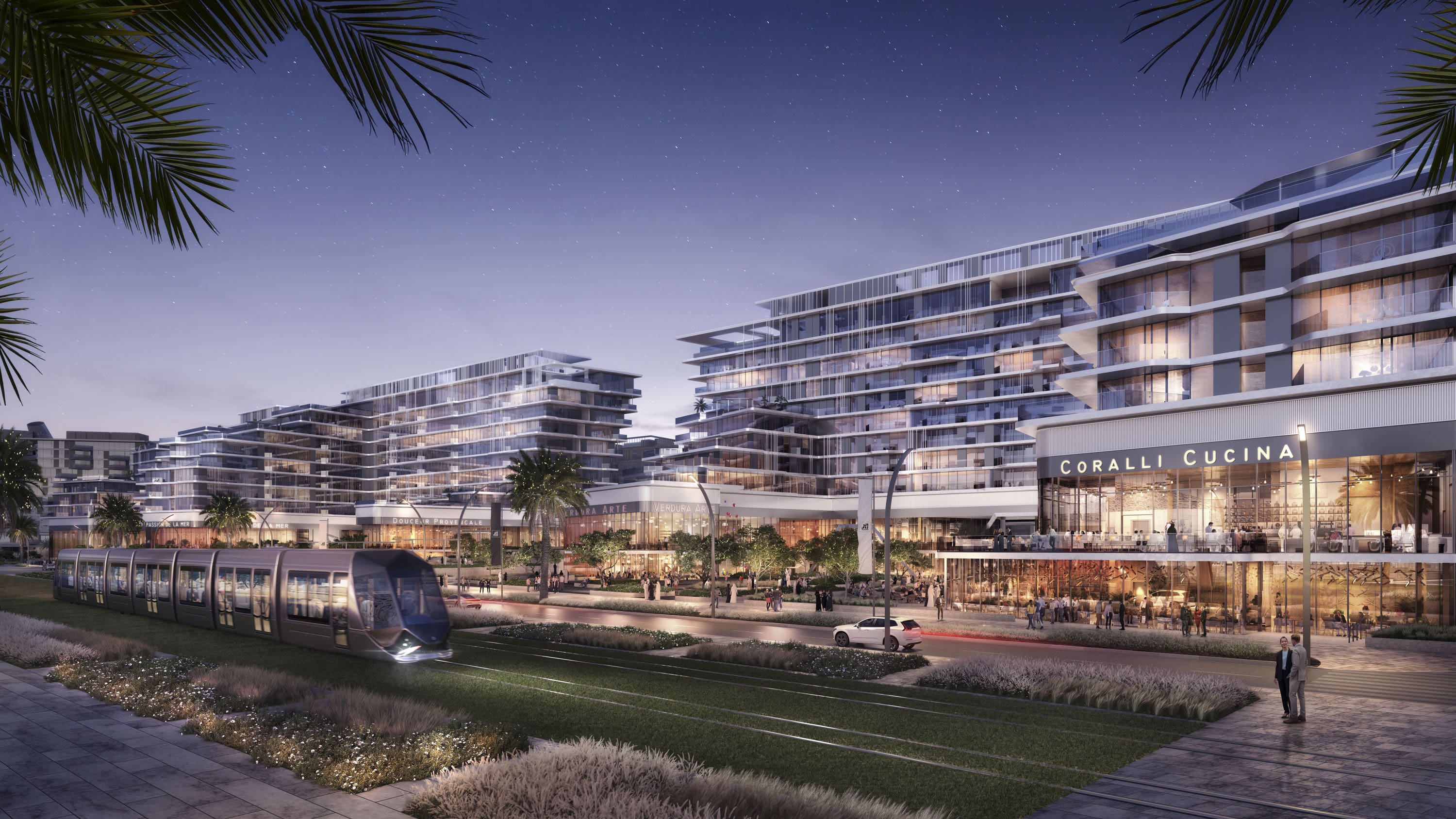Grand main entrance canopy and drop-off zone of Grove Gallery Views luxury apartments on Saadiyat Island United Arab Emirates.